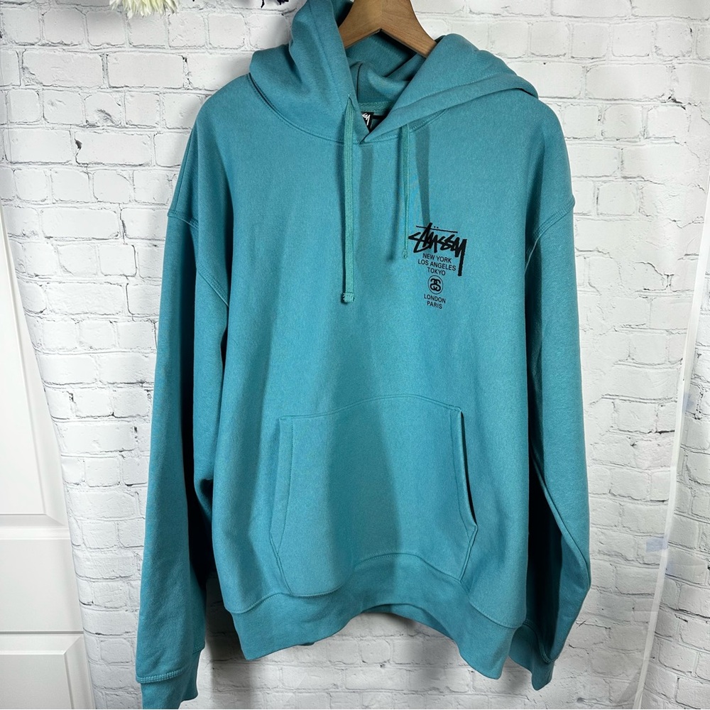 Stussy World Tour Hoodie Sweatshirt Ocean Blue Size XL Men's